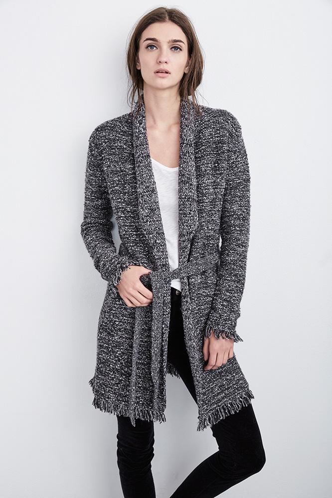 Velvet Clothing Bowie Tweed Knit Belted Cardigan-mediumheathergrey-tweedknit