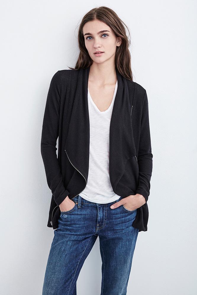 Velvet Clothing Jesseray Cozy Jersey Zip-up Cardigan-black-cozyjersey