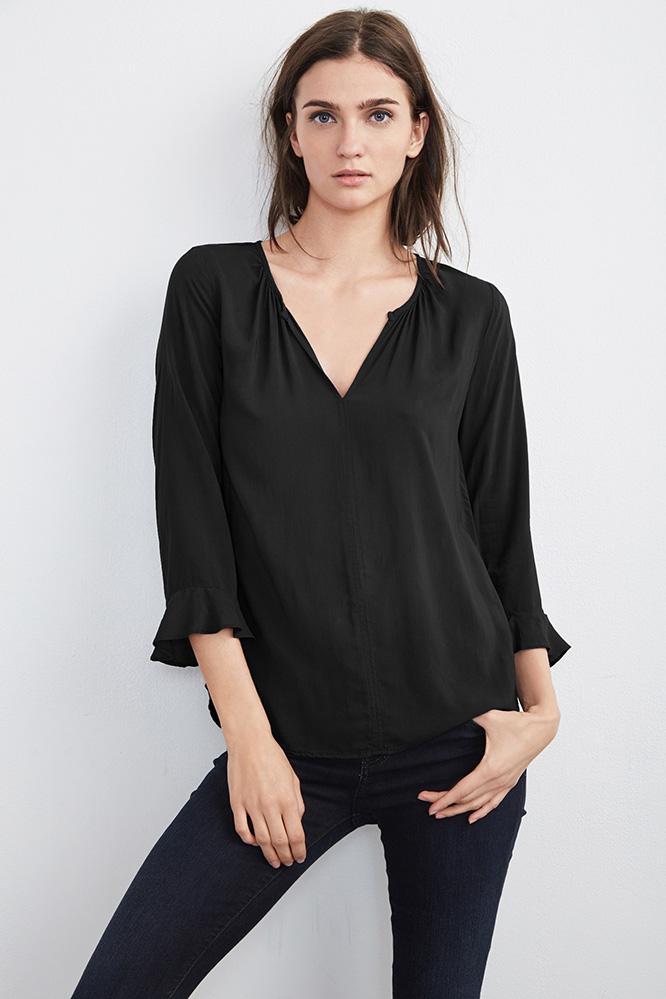 Velvet Clothing Azalea Ruffle Challis Top-black-rayonchallis