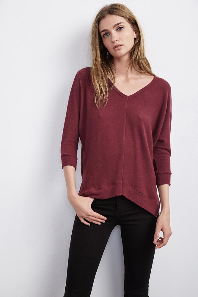 Velvet Clothing Nars Cozy Jersey V-neck Top-merlot-cozyjersey