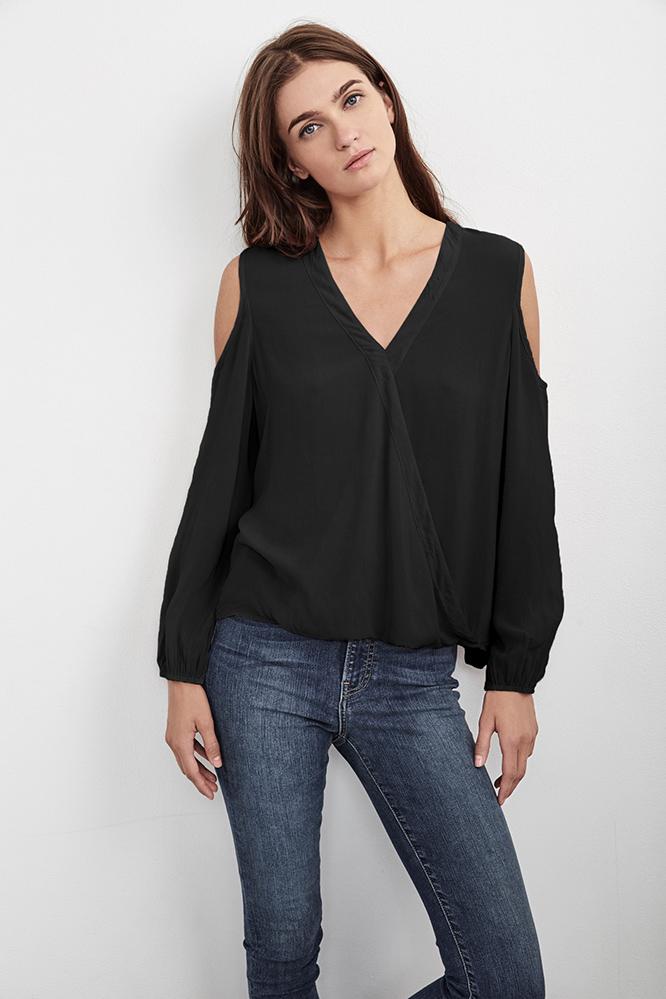 Velvet Clothing Ashia Cold Shoulder Challis Wrap Top-black-rayonchallis