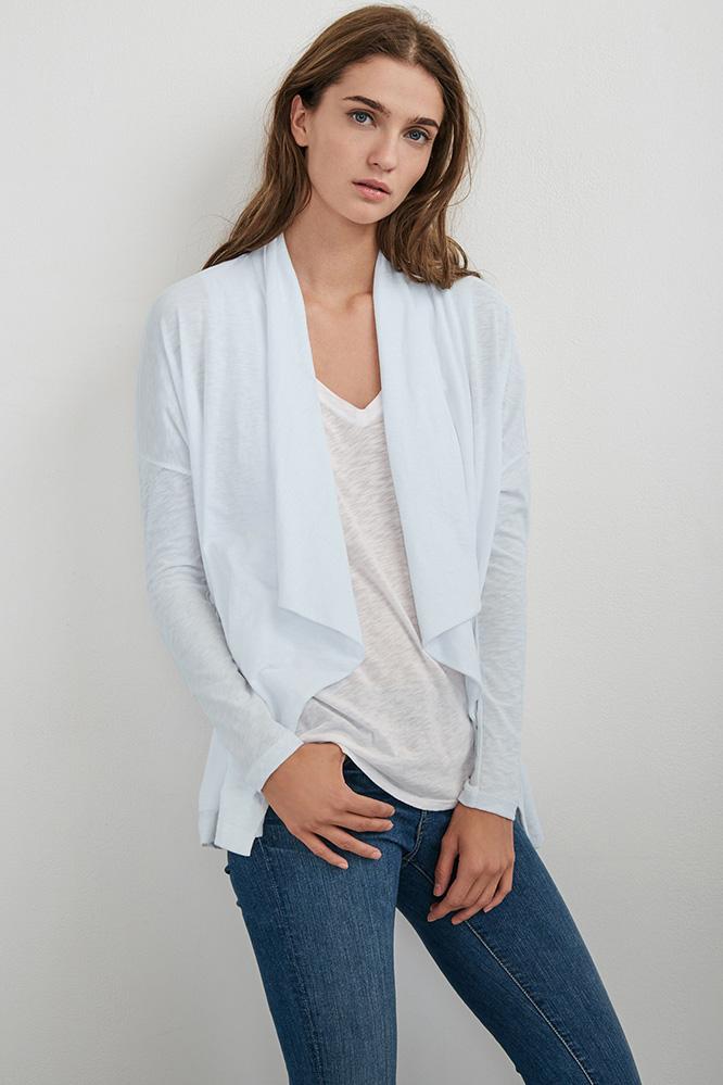 Velvet Clothing Emanuela Cotton Slub Open Front Cardigan-lakeblue-cotslub