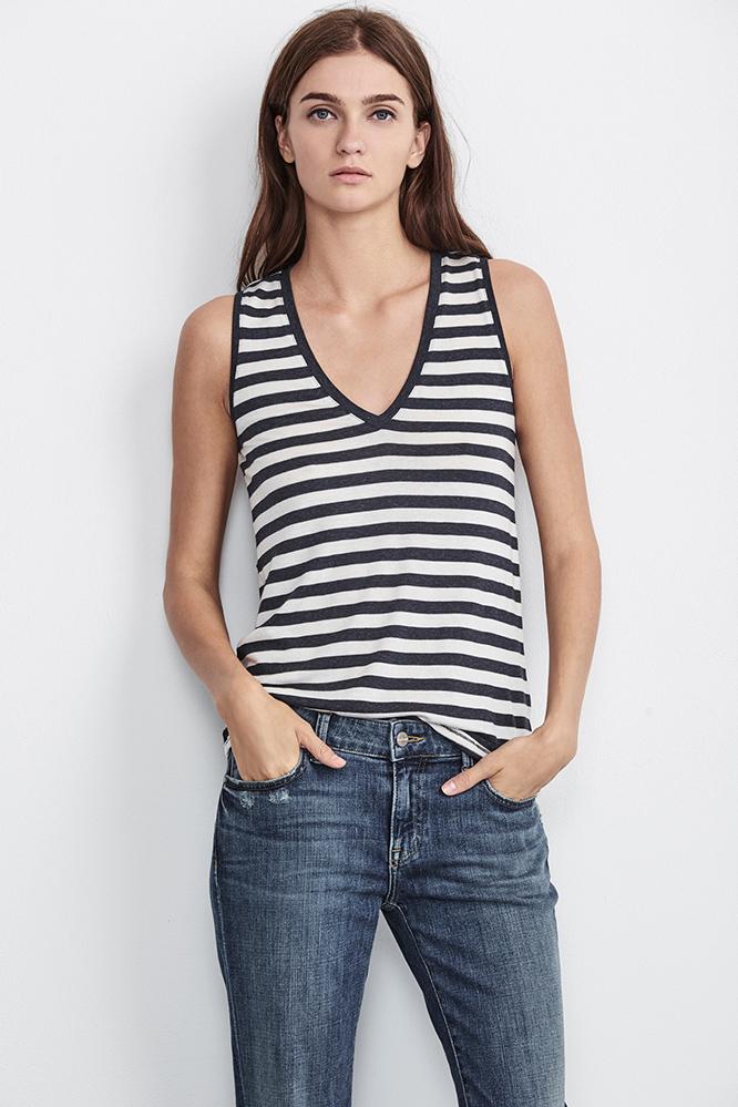 Velvet Clothing Neoma Lux Gauze Stripe Tank Top-navy/cream-luxgzstrp