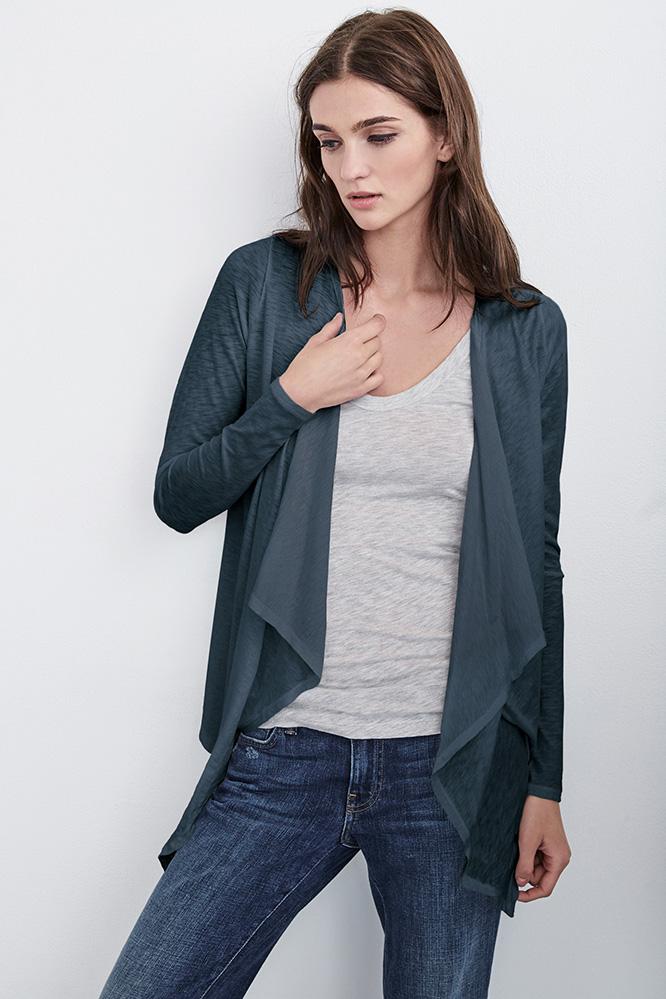 Velvet Clothing Champagne Cotton Slub Open Cardigan-raven-cottonslub
