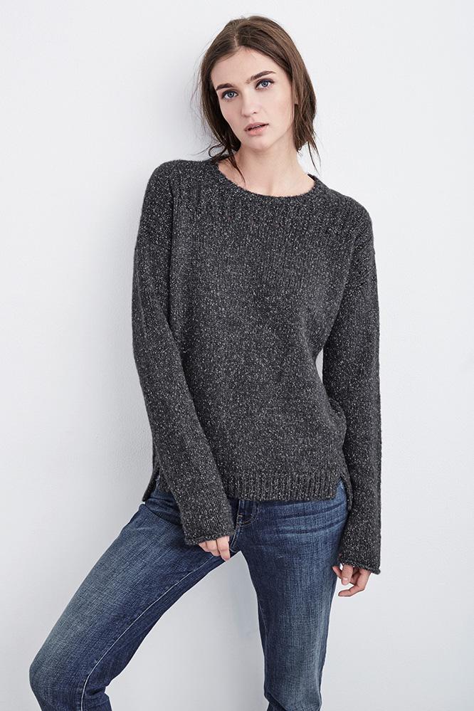 Velvet Clothing Keri Mixed Stitch Crew Neck Sweater-charcoal-mixstitch