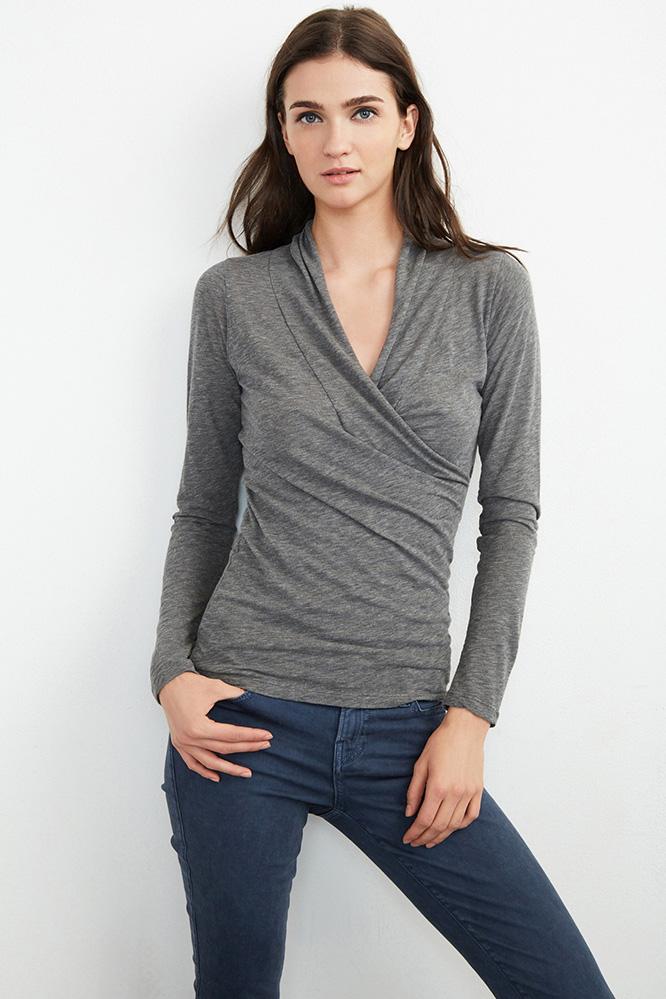Velvet Clothing Meri Wrap Front Top-charcoalgrey-gauzywhsp