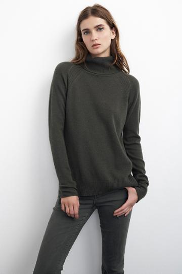 Velvet Clothing Brawnie Cashmere Turtleneck Sweater-forest-cashmereclassics