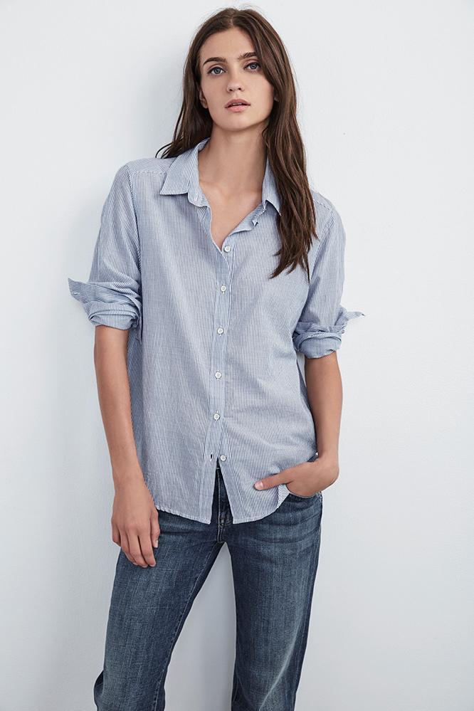 Velvet Clothing Claire Button-down Top In  Blue Stripe -blue-novprintst