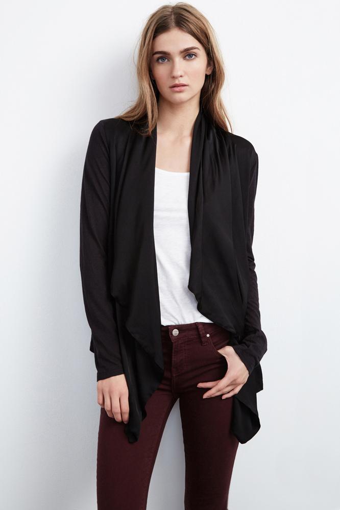 Velvet Clothing Vye Satin Contrast Cardigan-black-satinviscose