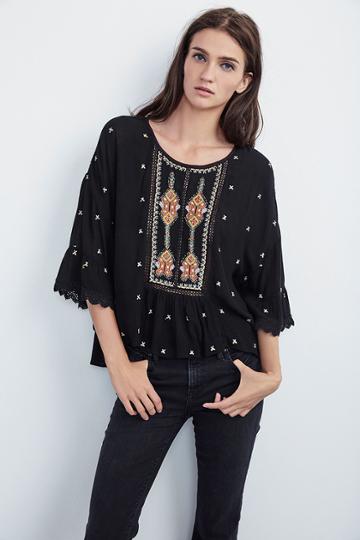 Velvet Clothing Alasdair Embroidered Rayon Gauze Ruffle Top-black-embraygz