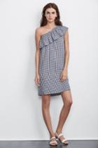 Velvet Clothing Virgie One Shoulder Gingham Dress-blue-rayonchec