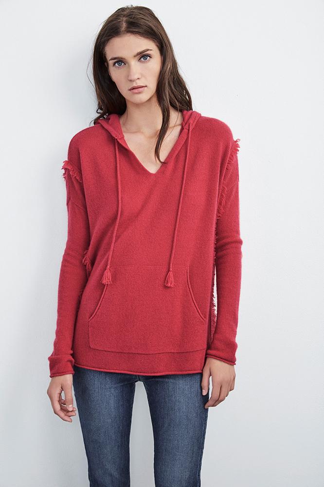 Velvet Clothing Jacqueline Cashmere Fringe Hoodie-ruby-sheercash