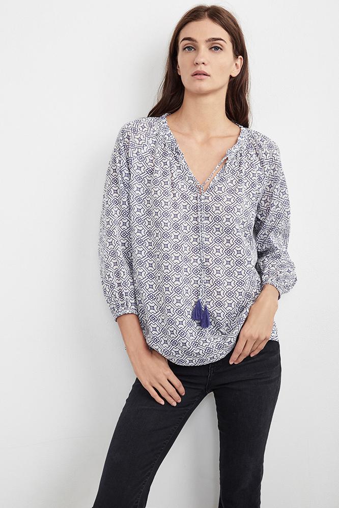 Velvet Clothing Hollie Printed Cotton Peasant Top In Delft-delft-pcotshrtg