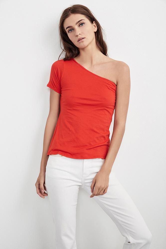 Velvet Clothing Abbeline Gauzy Whisper One Shoulder Tee-flame-gauzywhsp