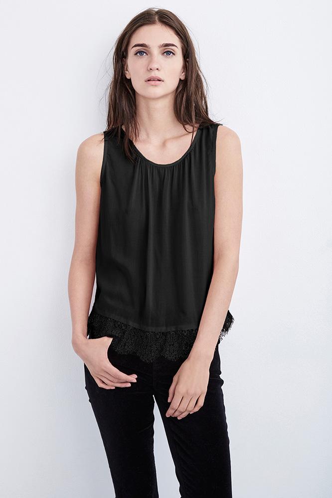 Velvet Clothing Ottaline Lace Trim Challis Sleeveless Top-black-rayonchallis