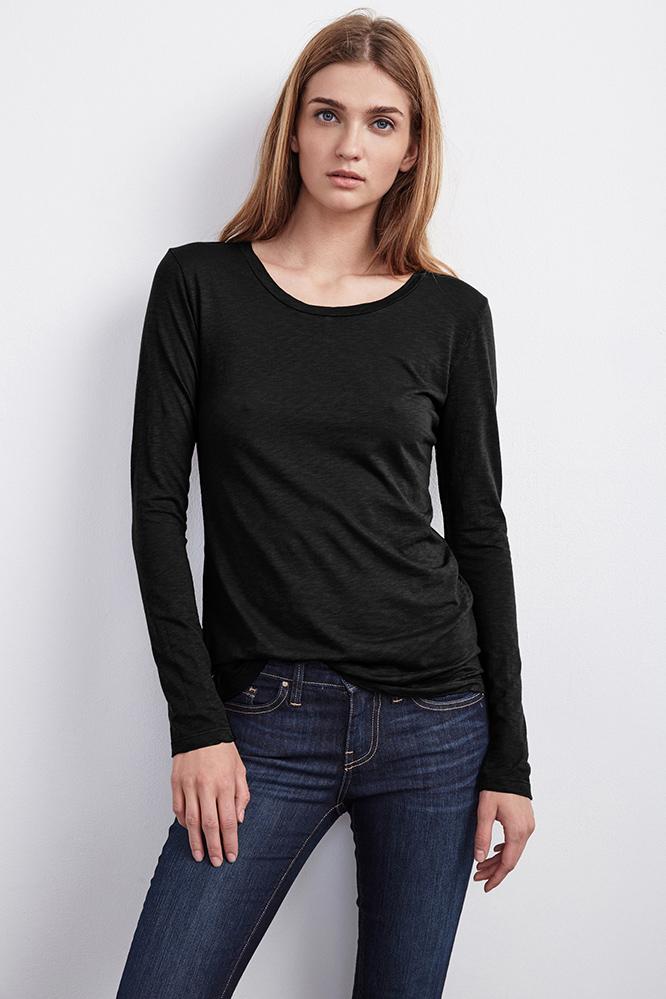 Velvet Clothing Giana Luxe Slub Round Neck Tee-black-luxeslub