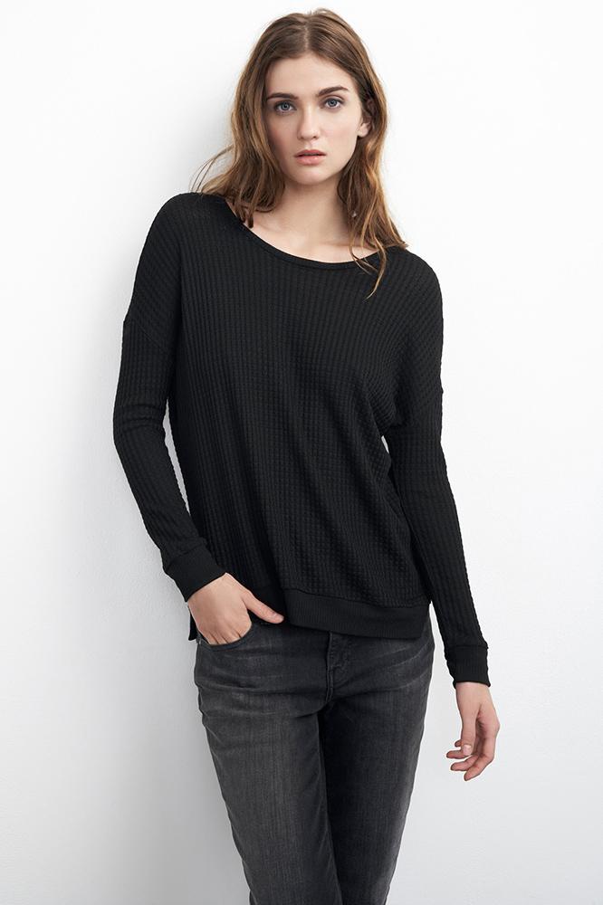 Velvet Clothing Sybil Waffle Knit High/low Top-black-waffleknitsolid