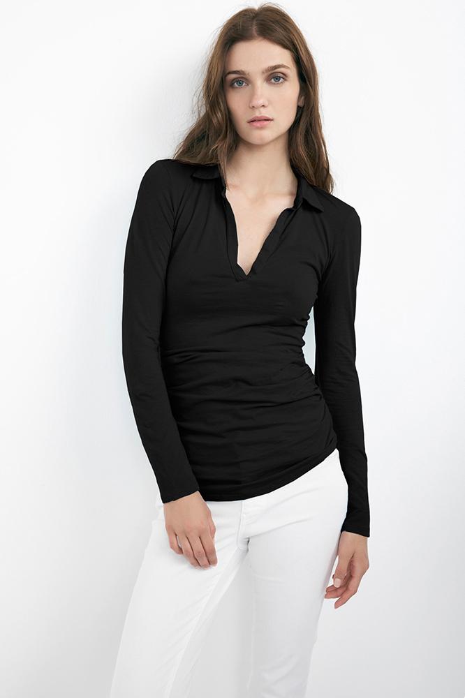 Velvet Clothing Bronze Half-placket Top-black-gauzylux