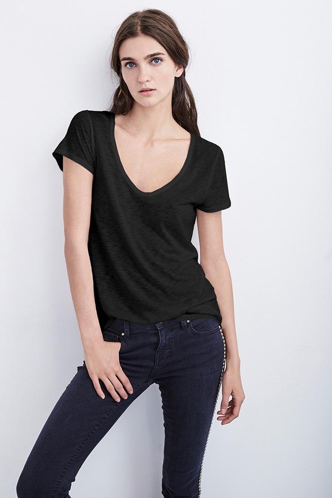 Velvet Clothing Dree Lux Slub Scoop Neck Tee-black-luxeslub