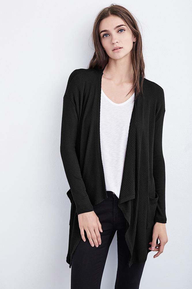 Velvet Clothing Miguela Thermal Knit Drape Cardigan-black-thrmlknit
