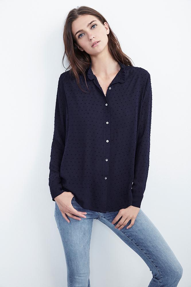 Velvet Clothing Juliette Swiss Dot Button-down Top-blueberry-rayswissd