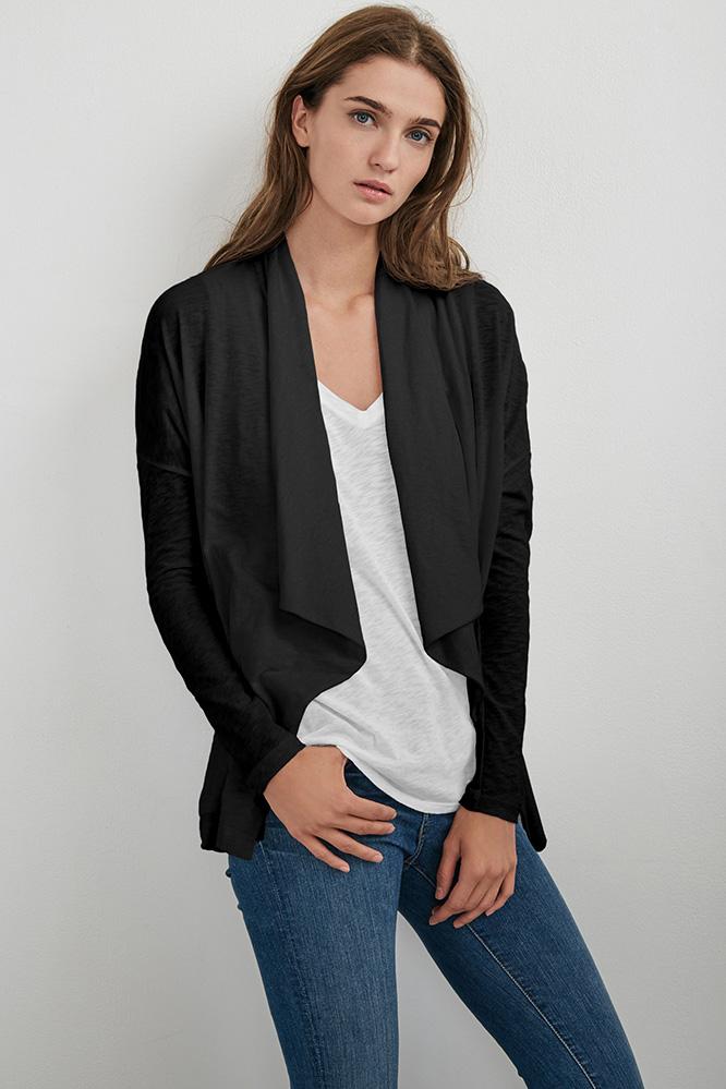 Velvet Clothing Emanuela Cotton Slub Open Front Cardigan-black-cottonslub