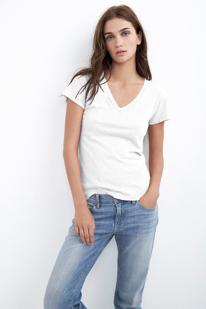 Velvet Clothing Lilith Cotton Slub V-neck Tee-white-cottonslub