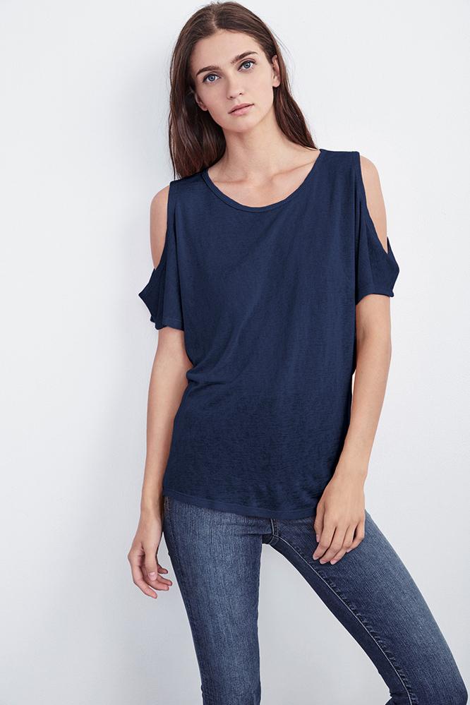 Velvet Clothing Yessie Textured Knit Cold Shoulder Tee-hudson-txtdknit