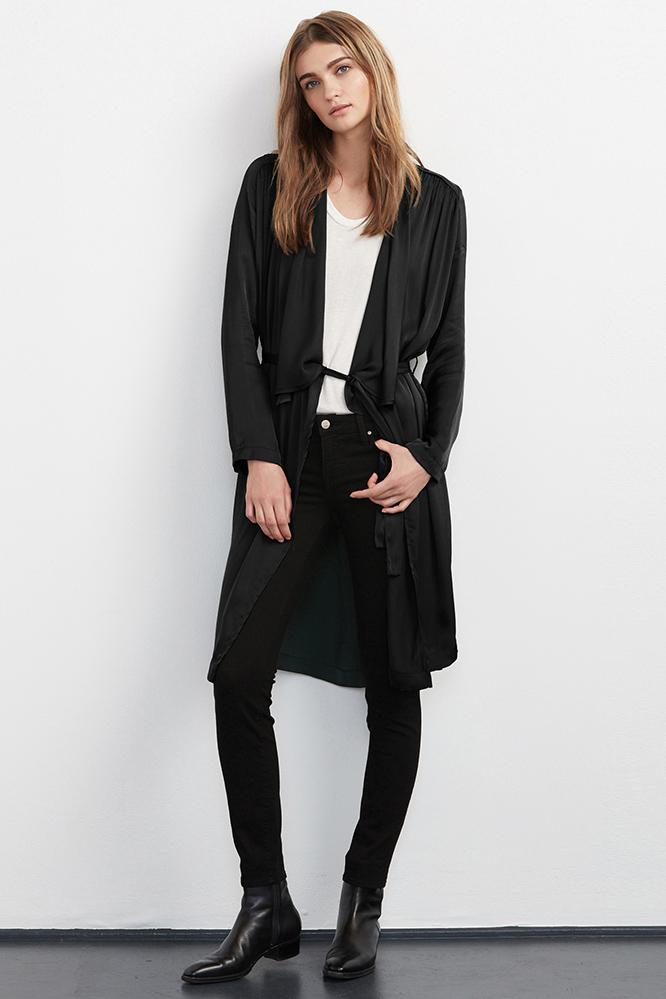Velvet Clothing Tam Satin Belted Cardigan-black-satinviscose