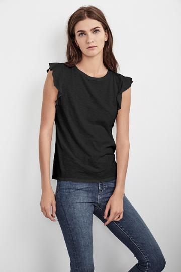 Velvet Clothing Marylou Cotton Slub Flutter Sleeve Tee-black-cotslub