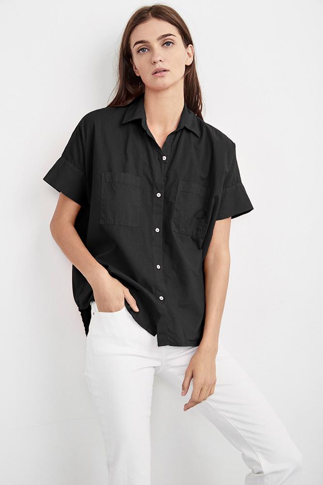 Velvet Clothing Stephanie Short Sleeve Cotton Button-up Shirt-black-cotshirt