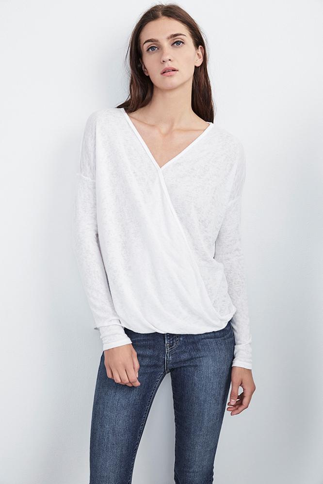 Velvet Clothing Chantal Sheer Textured Knit Wrap Tee-white-txtdknit