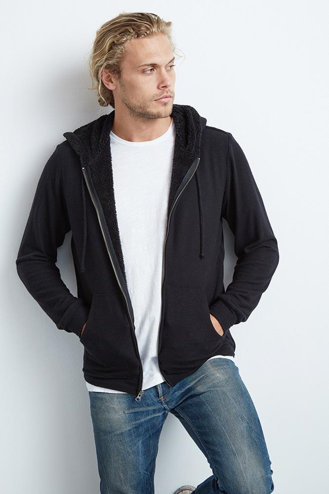 Velvet Men Salvadore Cozy Jersey Sherpa Lined Hoodie-black-cozhthjrs