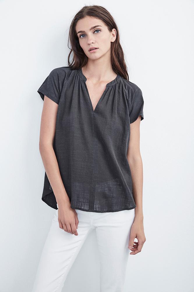 Velvet Clothing Armanda Woven Short Sleeve Top-elephant-cottonslub