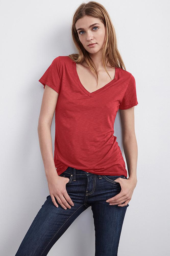 Velvet Clothing Tarra Luxe Slub V-neck Tee-fire-luxslub