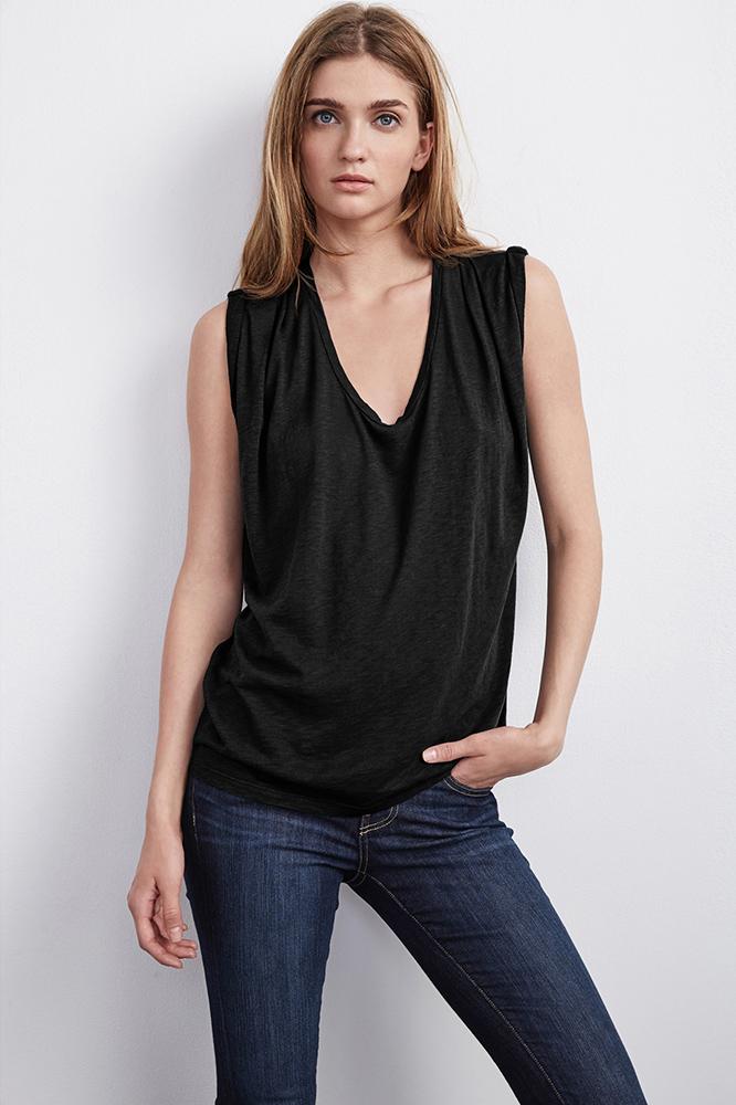 Velvet Clothing Harpa Luxe Slub Pintuck Tank Top-black-luxeslub