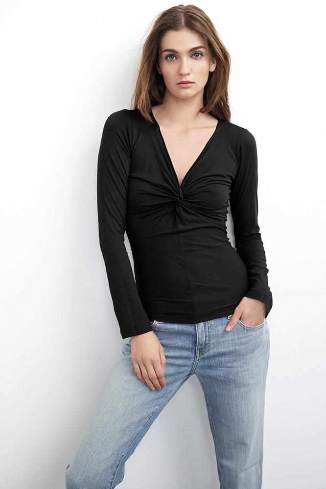 Velvet Clothing Medana Knot Front Top-black-gauzylux