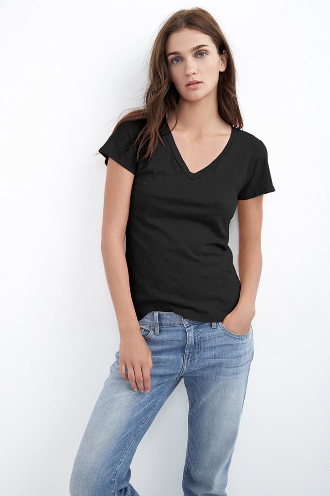 Velvet Clothing Lilith Cotton Slub V-neck Tee-black-cottonslub