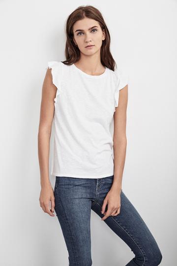 Velvet Clothing Marylou Cotton Slub Flutter Sleeve Tee-white-cotslub