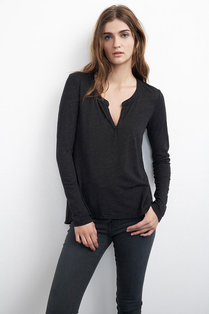 Velvet Clothing Moanna Split Neck Tee-black-softtexknit