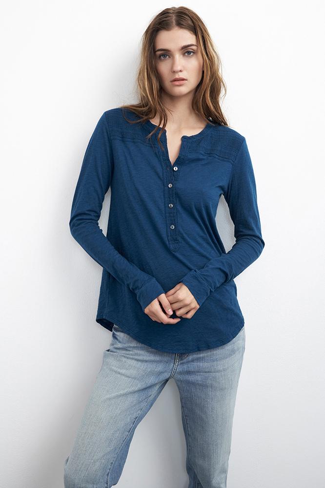 Velvet Clothing Aeliana Textured Contrast Henley-baltic-cottonslubmix