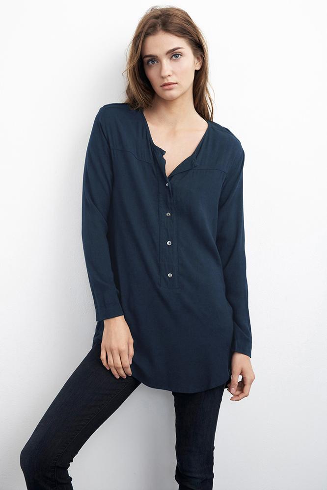 Velvet Clothing Eudora Crepe Henley Tunic Top-hailstone-rayoncrepe