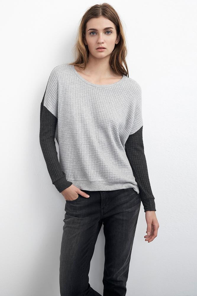 Velvet Clothing Noely Waffle Knit Colorblock Dolman Top-heathergrey/anthracite-waffleknitcolorblock
