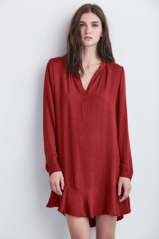 Velvet Clothing Olgita Ruffle Jacquard Dress-rouge-jacquard