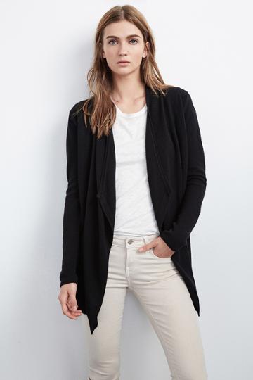 Velvet Clothing Kiwi Cashmere Open Cardigan -black-cashmere