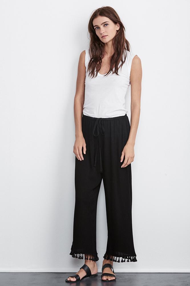 Velvet Clothing Nevia Crinkle Gauze Tassel Pants-black-crnkraygz