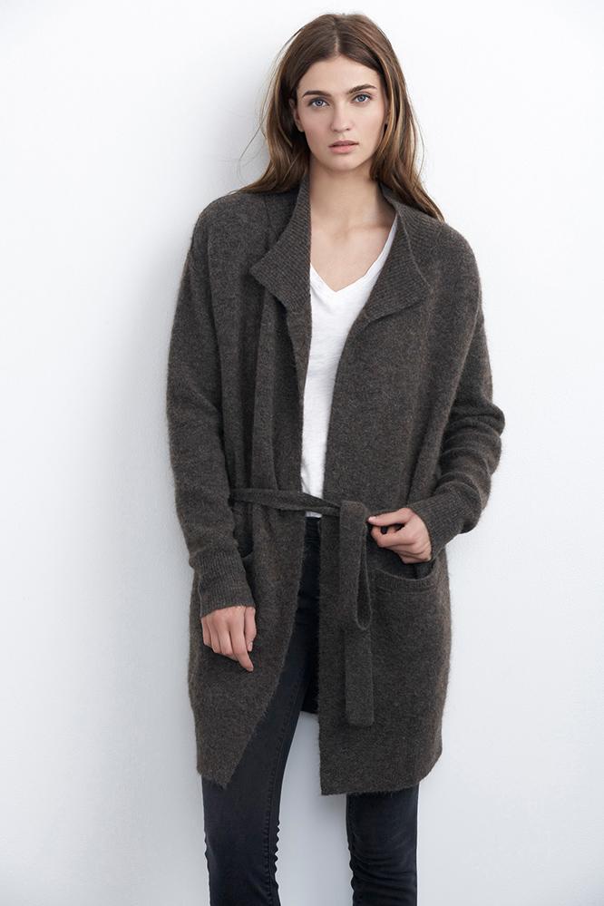 Velvet Clothing Maxima Belted Boucle Cardigan-coffee-boucle