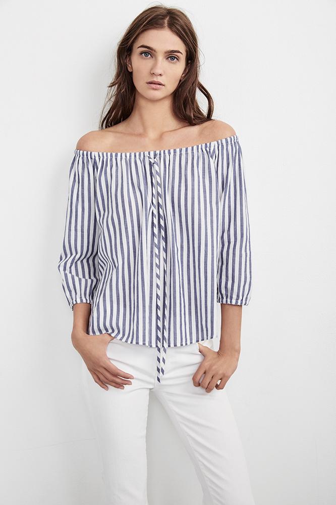 Velvet Clothing Jene Off The Shoulder Woven Cotton Stripe Top-blue-wovcotstp