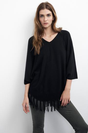 Velvet Clothing Trinity Cashmere Fringe Sweater-black-cashmereclassics