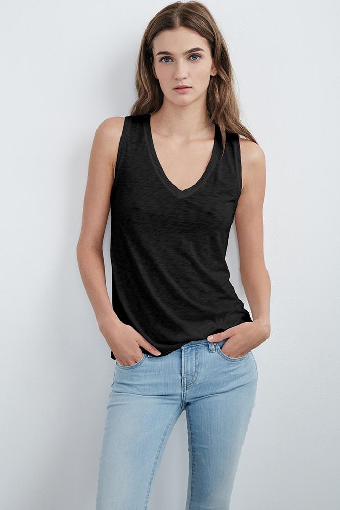 Velvet Clothing Daytona Lux Slub V-neck Tank-black-luxeslub